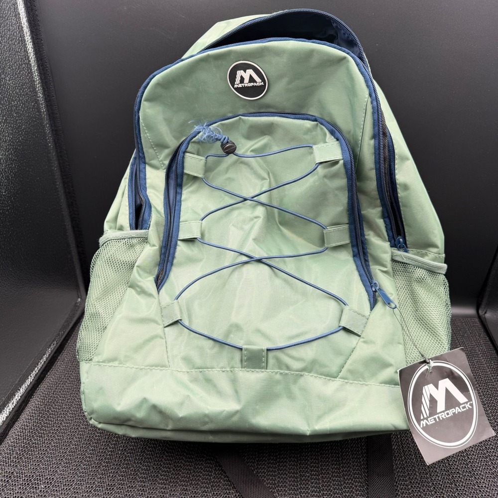 Metropack Backpack Sage Green Navy Blue School Travel Bag Bungee Front New Tag